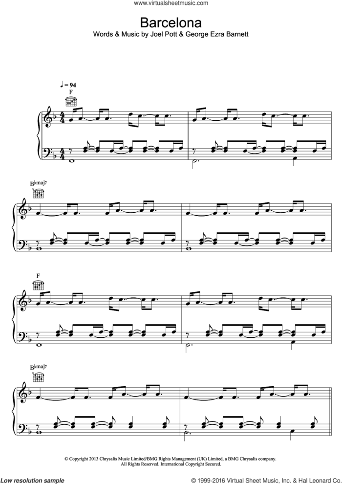 Barcelona sheet music for voice, piano or guitar by George Ezra, George Ezra Barnett and Joel Pott, intermediate skill level