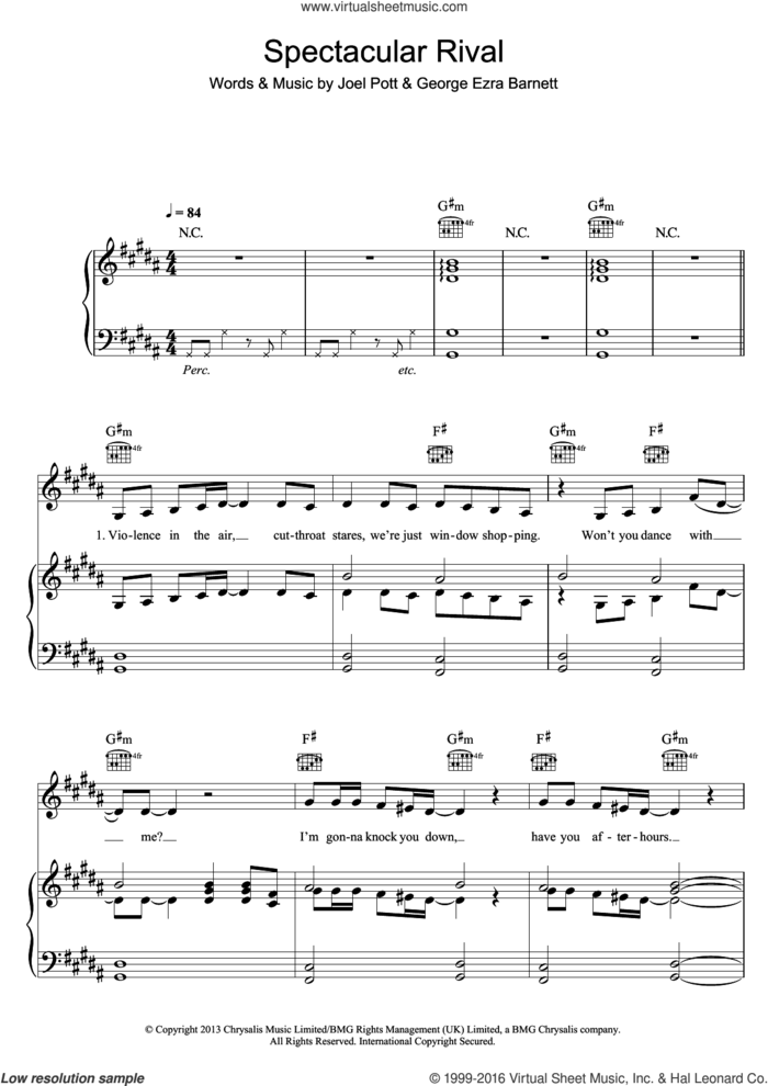 Spectacular Rival sheet music for voice, piano or guitar by George Ezra, George Ezra Barnett and Joel Pott, intermediate skill level