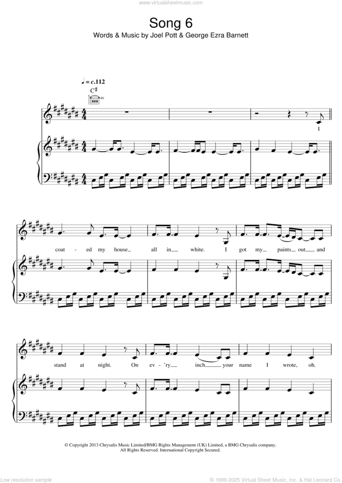 Song 6 sheet music for voice, piano or guitar by George Ezra, George Ezra Barnett and Joel Pott, intermediate skill level