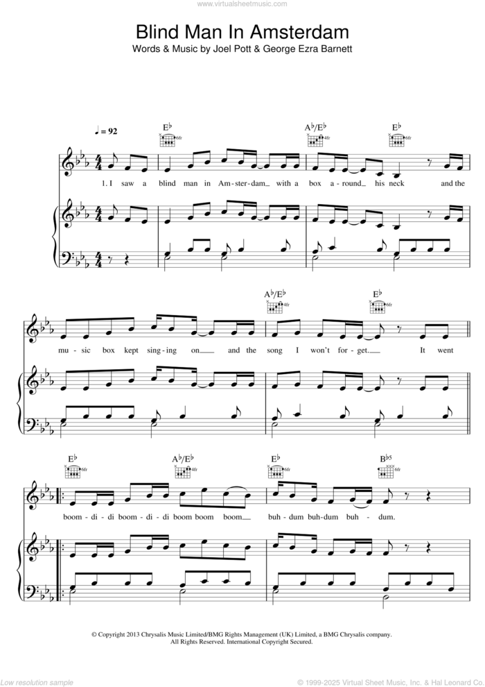 Blind Man In Amsterdam sheet music for voice, piano or guitar by George Ezra, George Ezra Barnett and Joel Pott, intermediate skill level