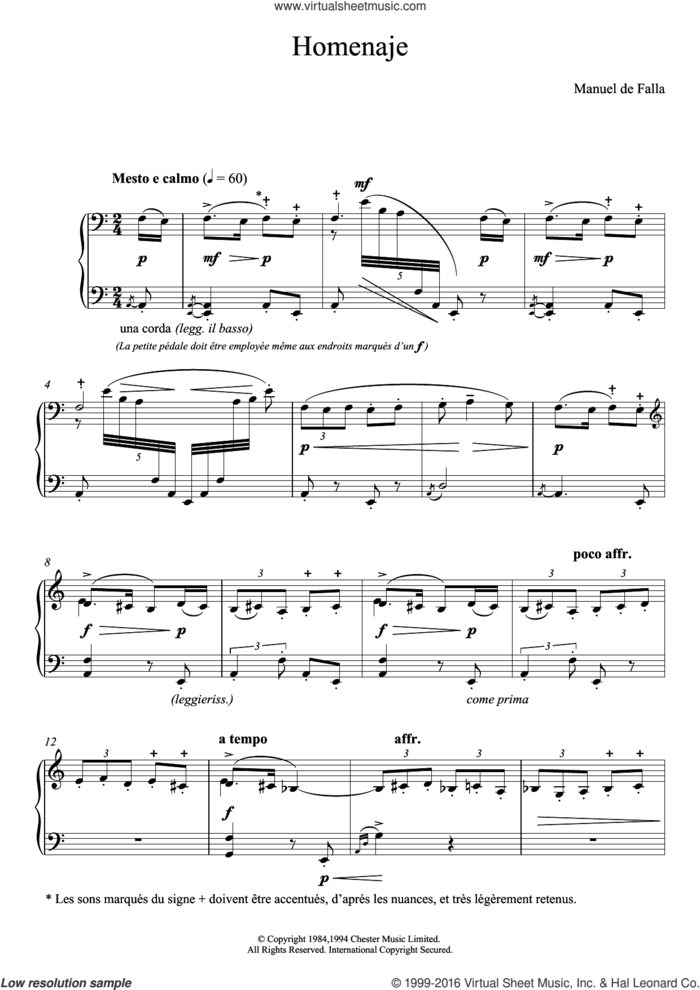 Homenaje sheet music for piano solo by Manuel De Falla, classical score, intermediate skill level