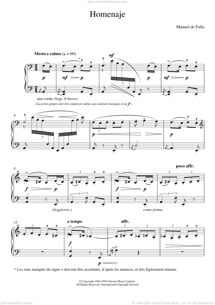 Homenaje sheet music for piano solo by Manuel De Falla, classical score, intermediate skill level