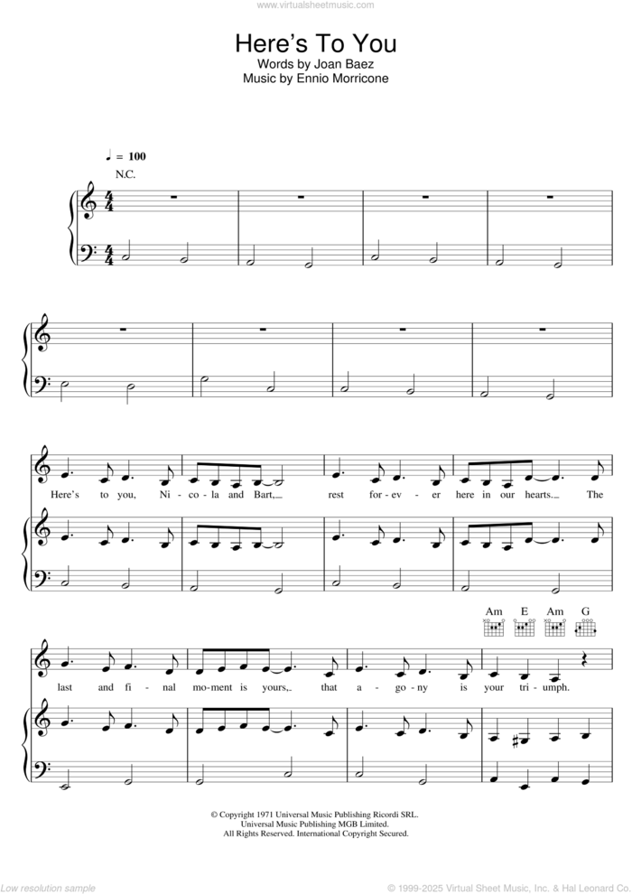 Here's To You sheet music for voice, piano or guitar by Joan Baez and Ennio Morricone, intermediate skill level