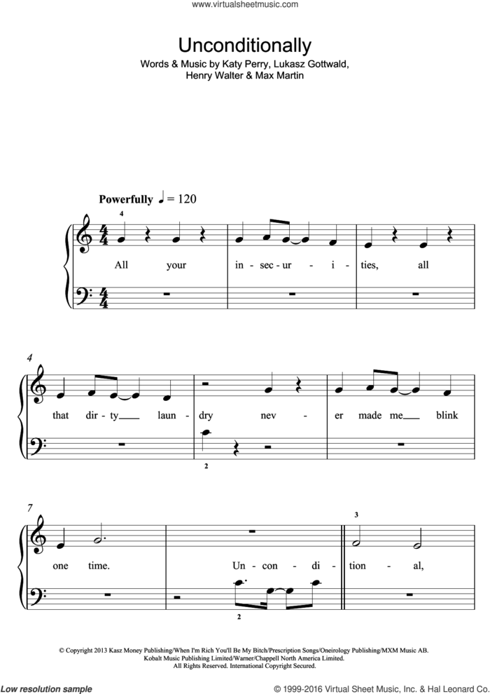 Unconditionally sheet music for piano solo by Katy Perry, Henry Russell Walter, Lukasz Gottwald and Max Martin, easy skill level