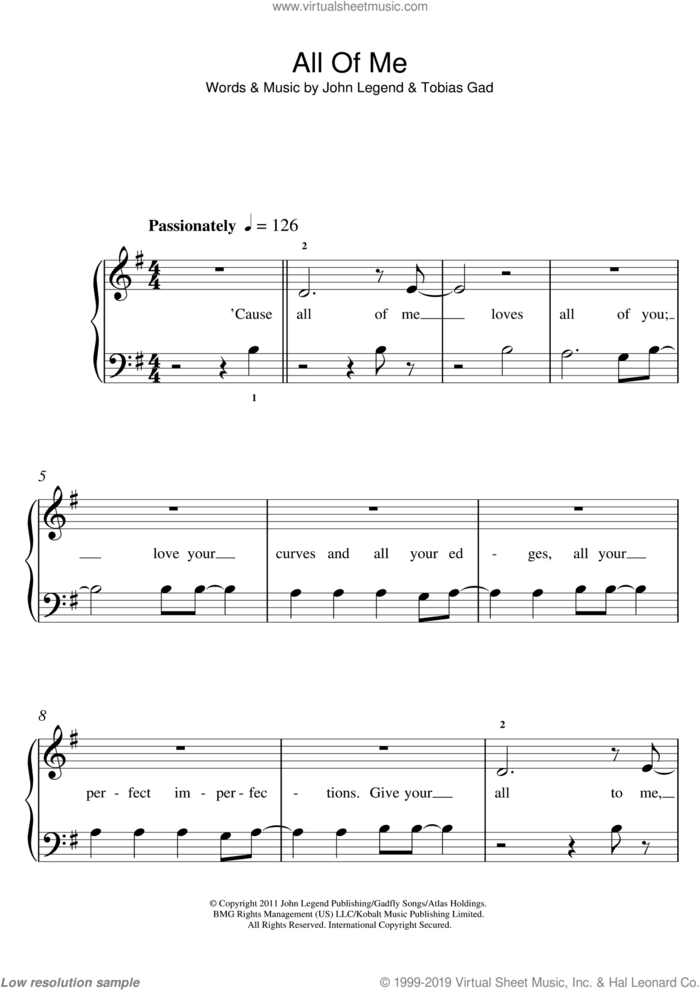 All Of Me sheet music for piano solo (5-fingers) by John Legend and Toby Gad, beginner piano (5-fingers)
