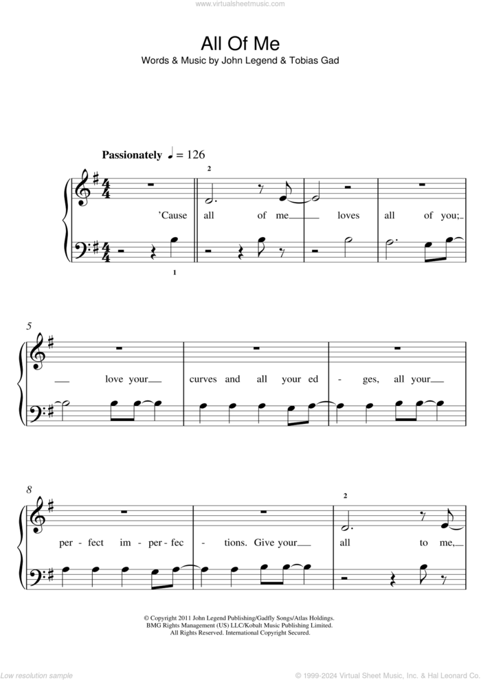 All Of Me sheet music for piano solo (5-fingers) by John Legend and Toby Gad, wedding score, beginner piano (5-fingers)
