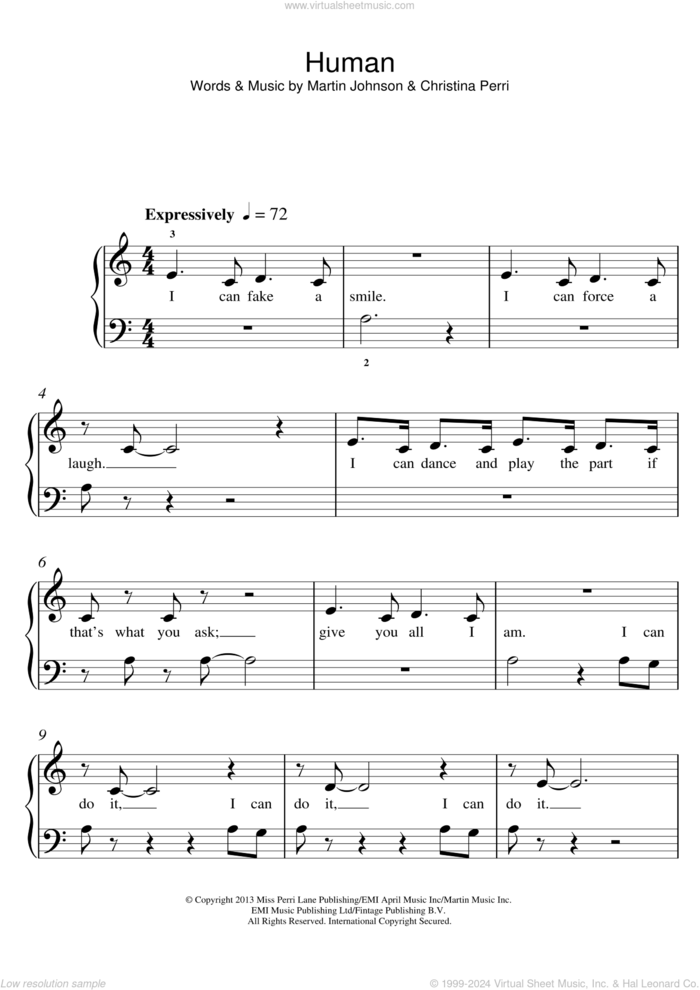 Human sheet music for piano solo by Christina Perri and Martin Johnson, easy skill level