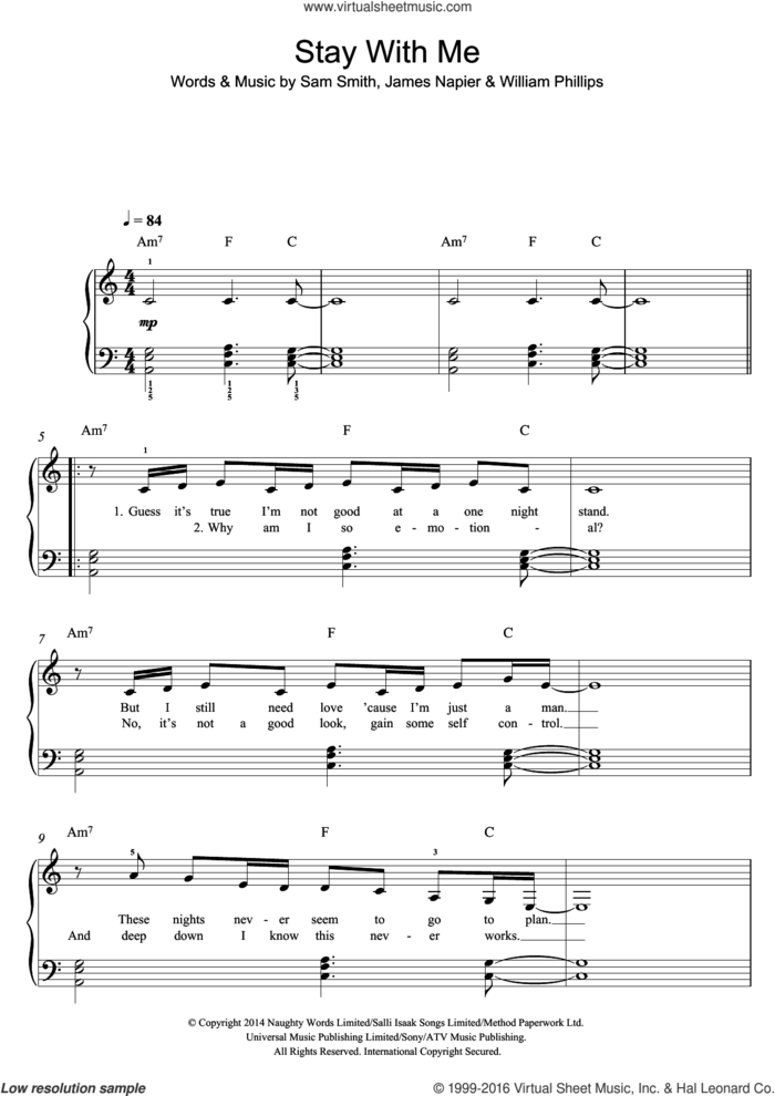 Stay With Me sheet music for piano solo by Sam Smith, James Napier and William Phillips, easy skill level