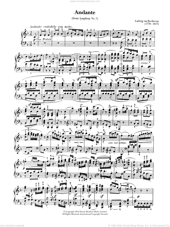 Symphony No.1, Andante sheet music for piano solo by Ludwig van Beethoven, classical score, intermediate skill level