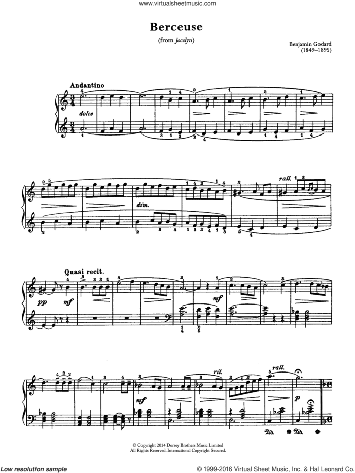 Berceuse (From Jocelyn) sheet music for piano solo by Benjamin Godard, classical score, intermediate skill level