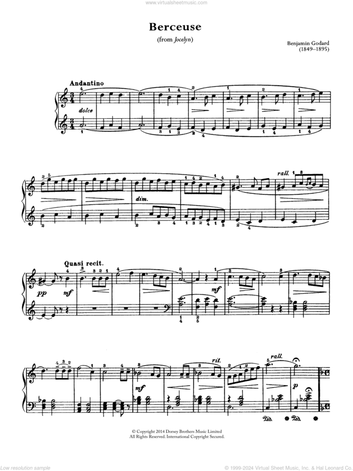 Berceuse (From Jocelyn) sheet music for piano solo by Benjamin Godard, classical score, intermediate skill level