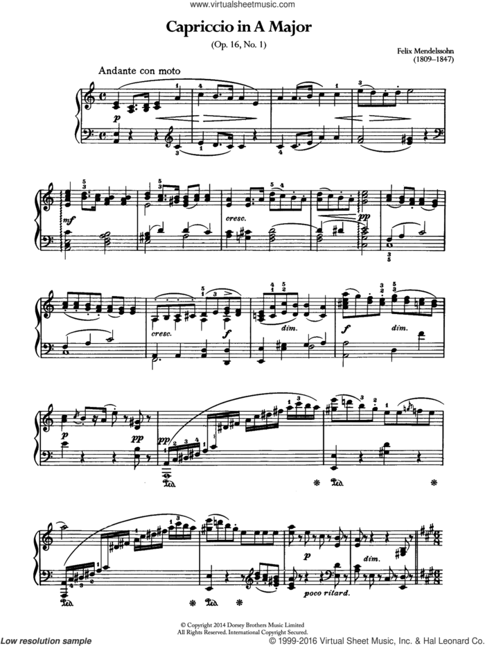 Capriccio In A Major sheet music for piano solo by Felix Mendelssohn-Bartholdy, classical score, intermediate skill level
