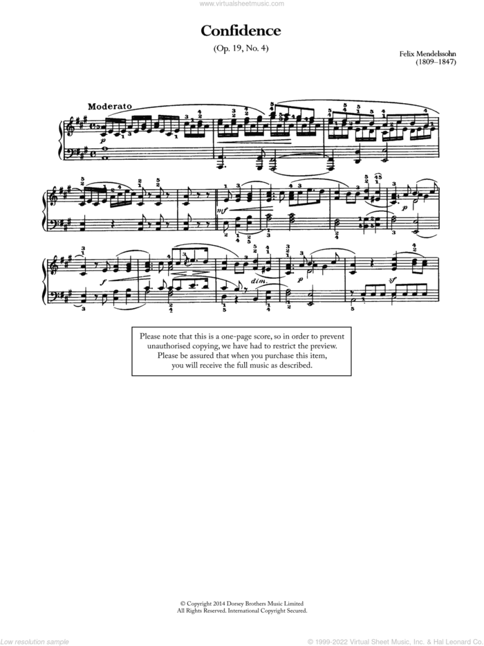 Confidence Op.19, No.4 sheet music for piano solo by Felix Mendelssohn-Bartholdy, classical score, intermediate skill level