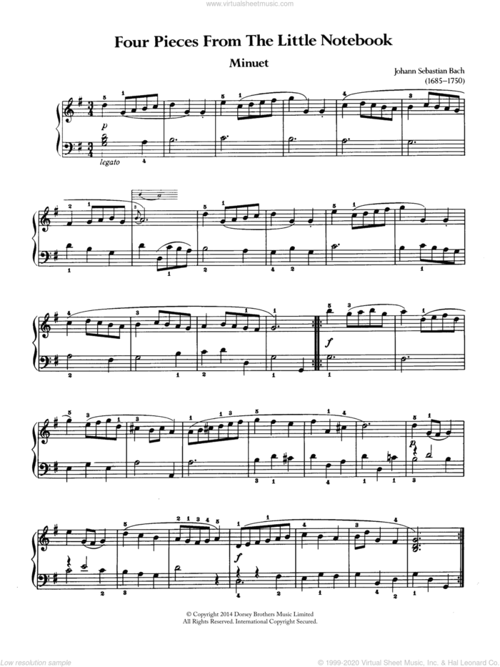 Four Pieces From The Little Notebook sheet music for piano solo by Johann Sebastian Bach, classical score, intermediate skill level