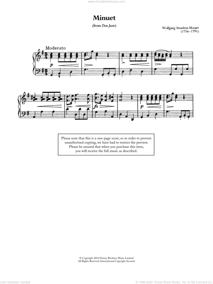 Minuet (From 'Don Juan') sheet music for piano solo by Wolfgang Amadeus Mozart, classical score, intermediate skill level
