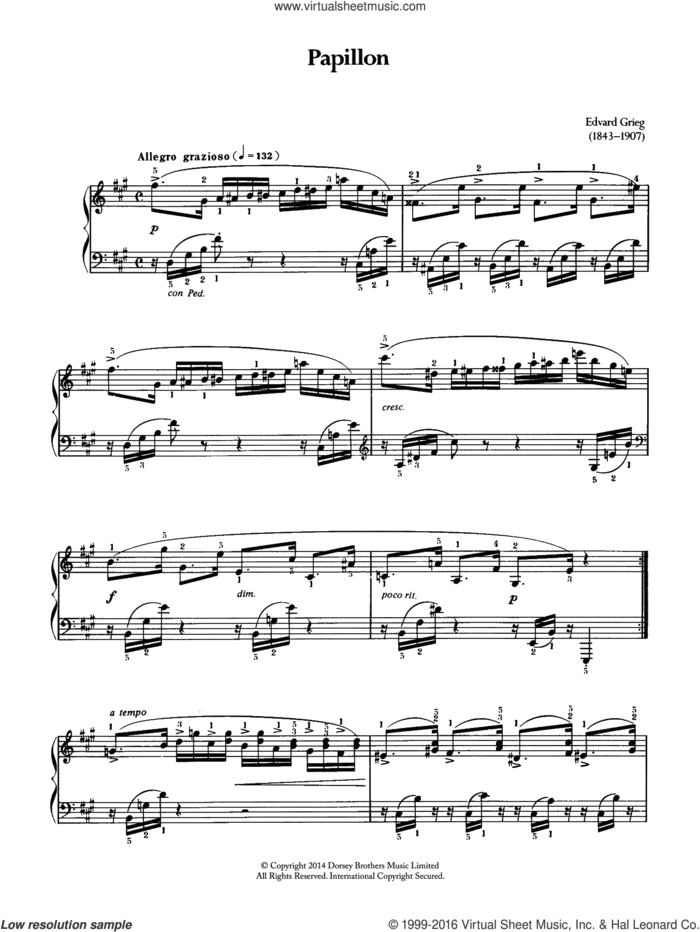 Papillon sheet music for piano solo by Edvard Grieg, classical score, intermediate skill level