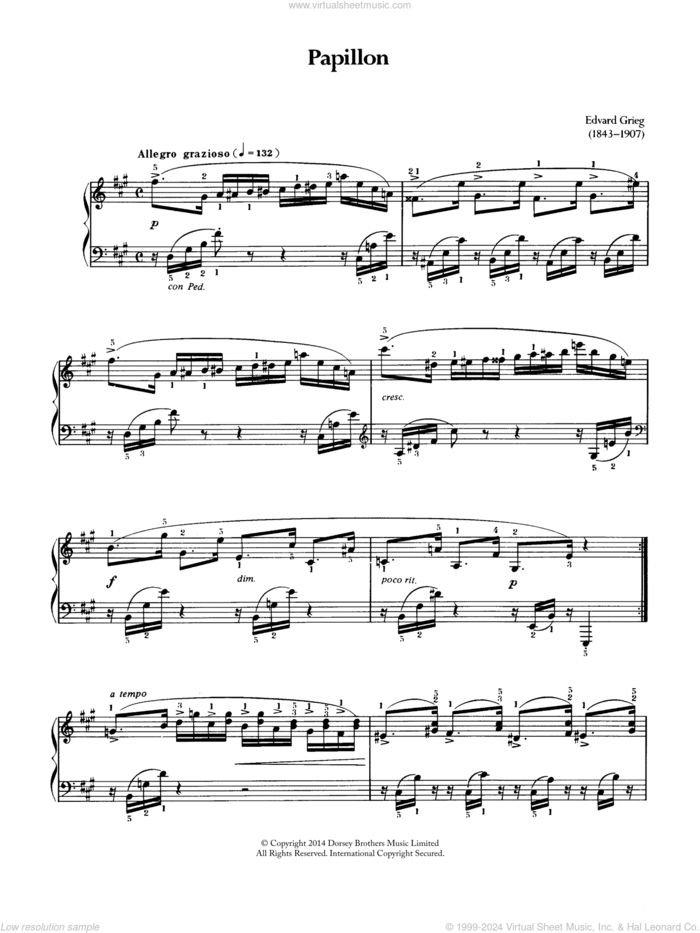 Papillon sheet music for piano solo by Edvard Grieg, classical score, intermediate skill level