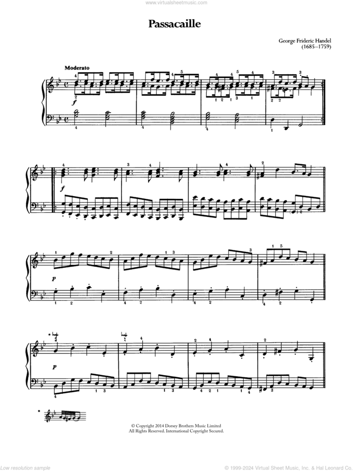 Passacaille sheet music for piano solo by George Frideric Handel, classical score, intermediate skill level