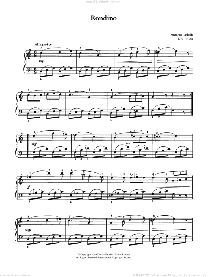 Rondino sheet music for piano solo by Antonio Diabelli, classical score, intermediate skill level