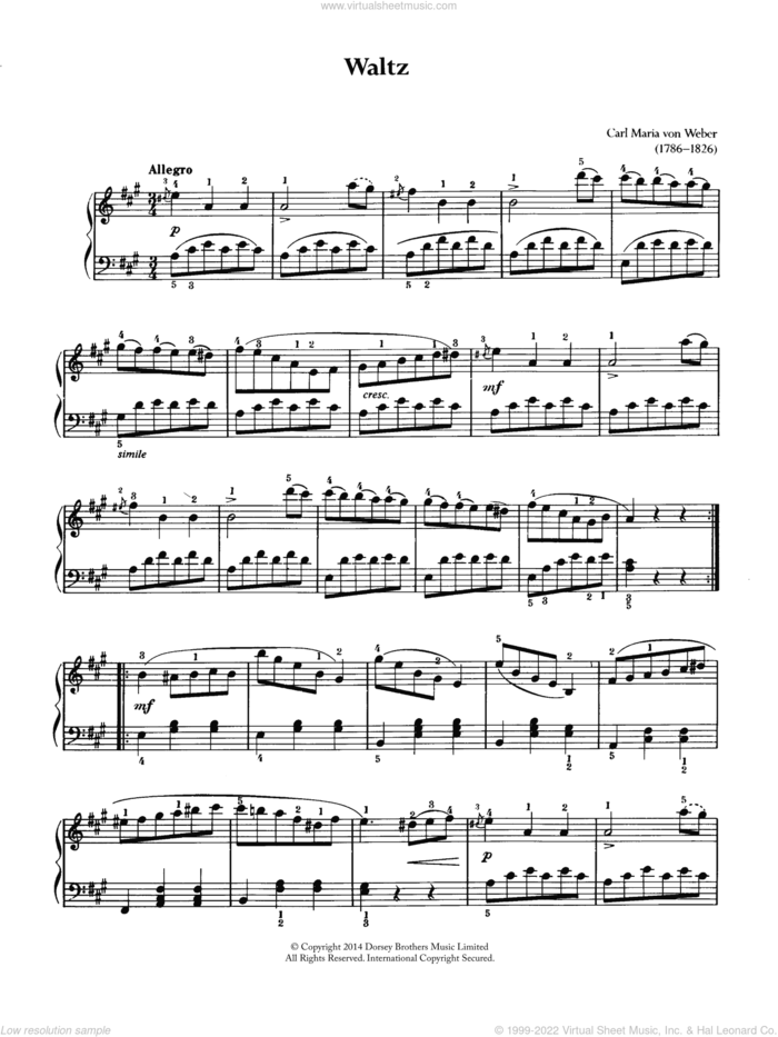 Waltz (J. 146 No. 4) sheet music for piano solo by Carl Maria Von Weber, classical score, intermediate skill level