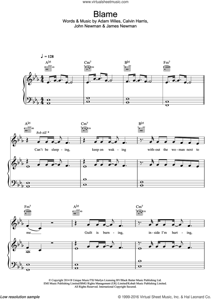 Blame (feat. John Newman) sheet music for voice, piano or guitar by Calvin Harris, Adam Wiles, James Newman and John Newman, intermediate skill level