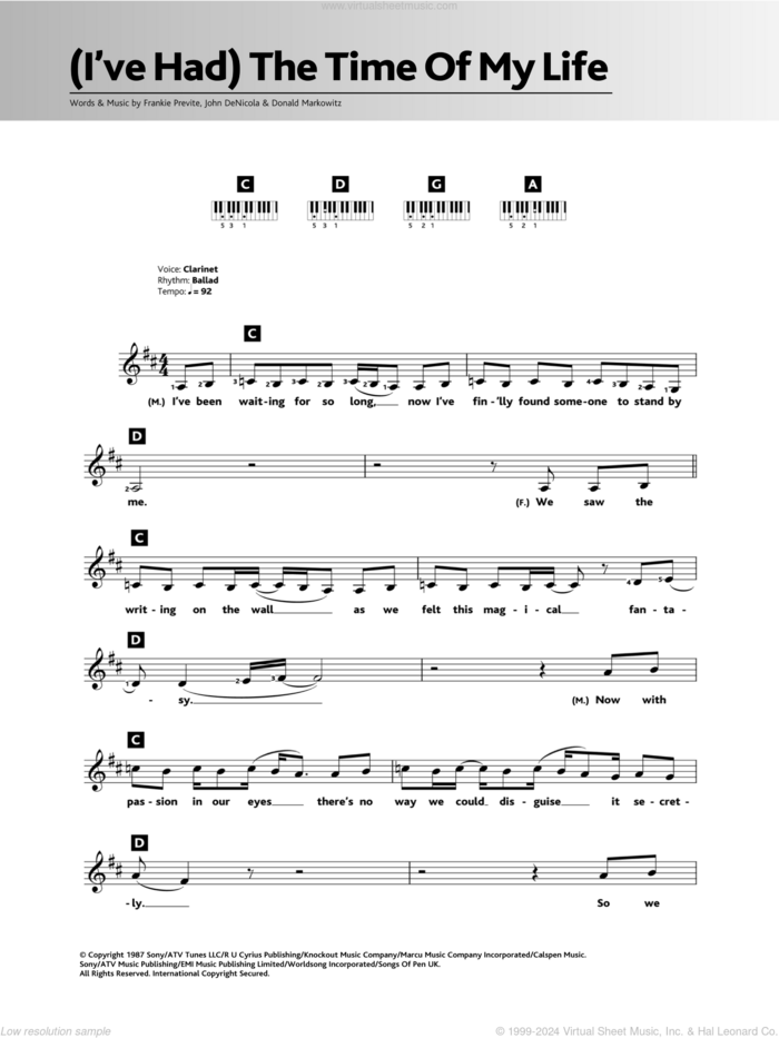 (I've Had) The Time Of My Life sheet music for piano solo (chords, lyrics, melody) by Bill Medley & Jennifer Warnes, Donald Markowitz, Frankie Previte and John DeNicola, intermediate piano (chords, lyrics, melody)