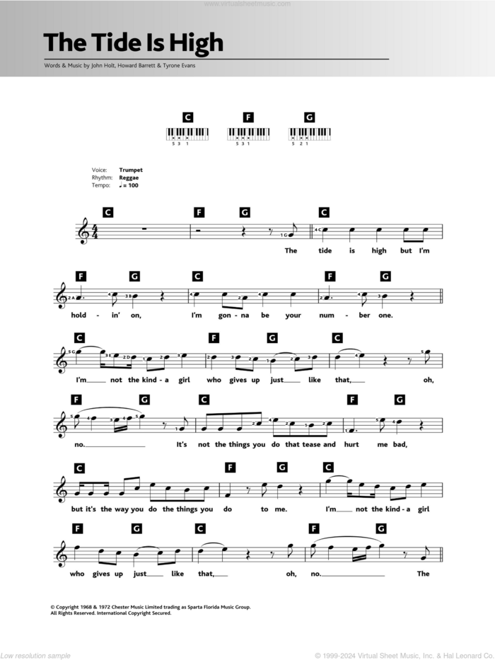 The Tide Is High sheet music for piano solo (chords, lyrics, melody) by Blondie, Howard Barrett, John Holt and Tyrone Evans, intermediate piano (chords, lyrics, melody)