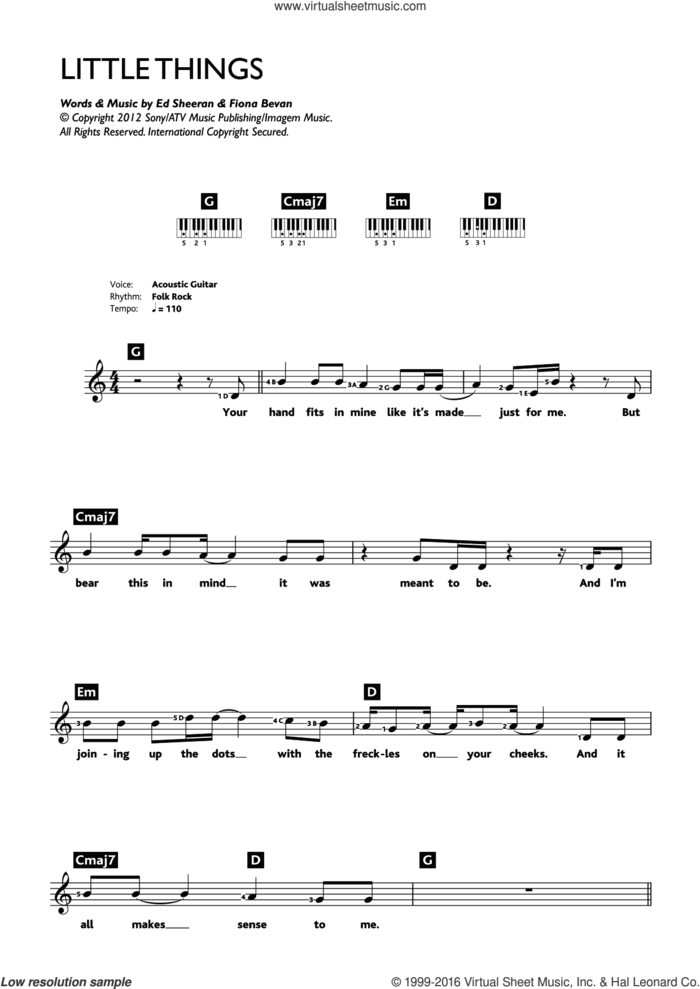 Little Things sheet music for piano solo (chords, lyrics, melody) by One Direction, Ed Sheeran and Fiona Bevan, intermediate piano (chords, lyrics, melody)