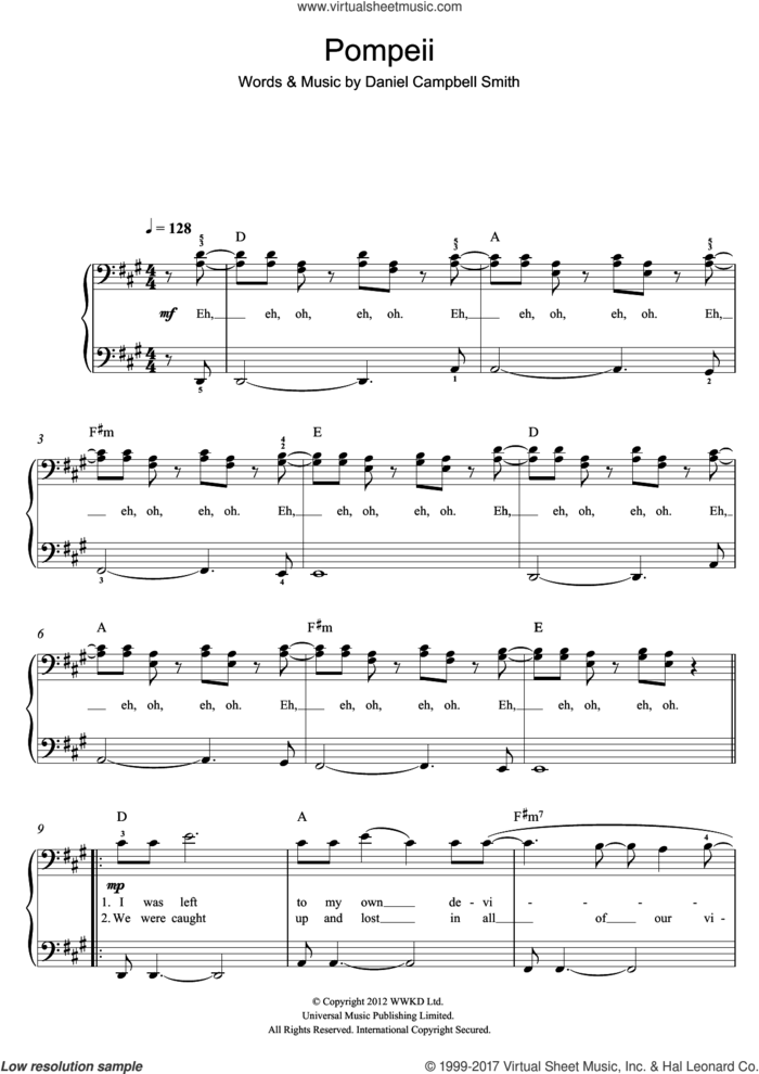 Pompeii sheet music for piano solo by Bastille and Daniel Campbell Smith, easy skill level