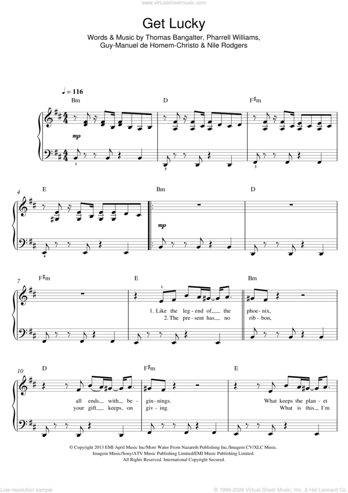 Get Lucky (featuring Pharrell Williams) sheet music for piano solo by Daft Punk, Guy-Manuel de Homem-Christo, Nile Rodgers, Pharrell Williams and Thomas Bangalter, easy skill level