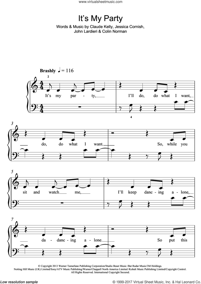 It's My Party sheet music for piano solo by Jessie J, Claude Kelly, Colin Norman, Jessica Cornish and John Lardieri, easy skill level