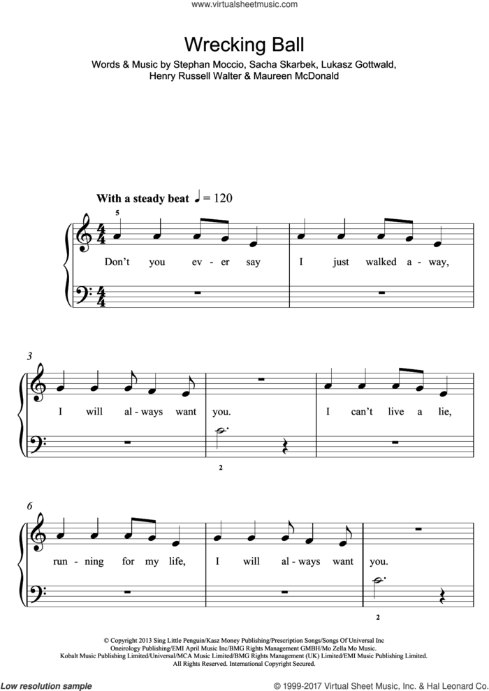 Wrecking Ball sheet music for piano solo (5-fingers) by Miley Cyrus, Henry Russell Walter, Lukasz Gottwald, Maureen McDonald, Sacha Skarbek and Stephan Moccio, beginner piano (5-fingers)