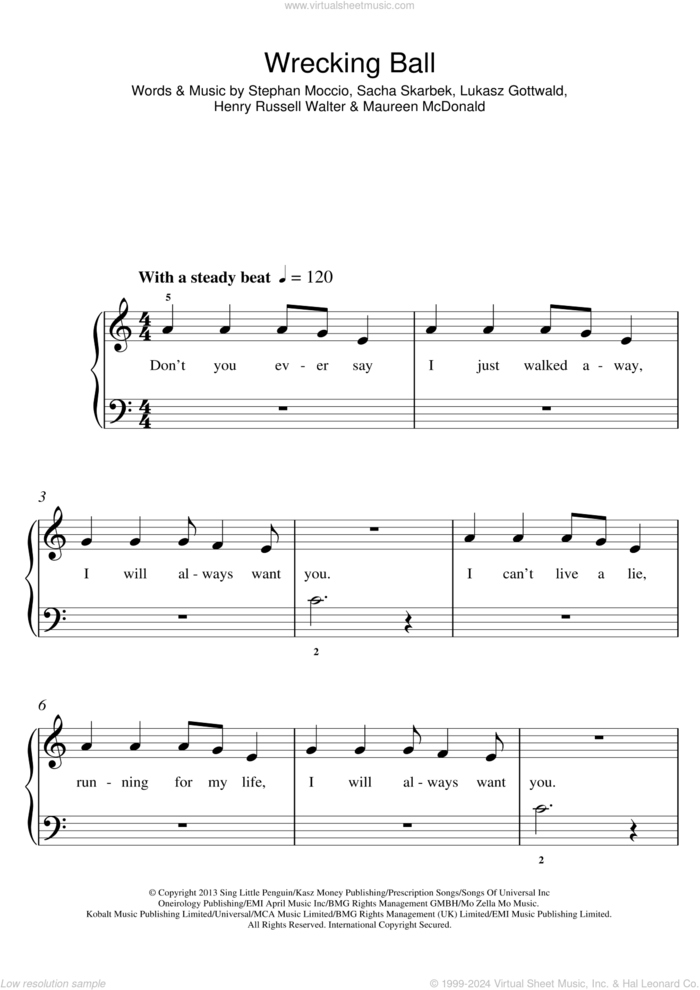 Wrecking Ball sheet music for piano solo (5-fingers) by Miley Cyrus, Henry Russell Walter, Lukasz Gottwald, Maureen McDonald, Sacha Skarbek and Stephan Moccio, beginner piano (5-fingers)