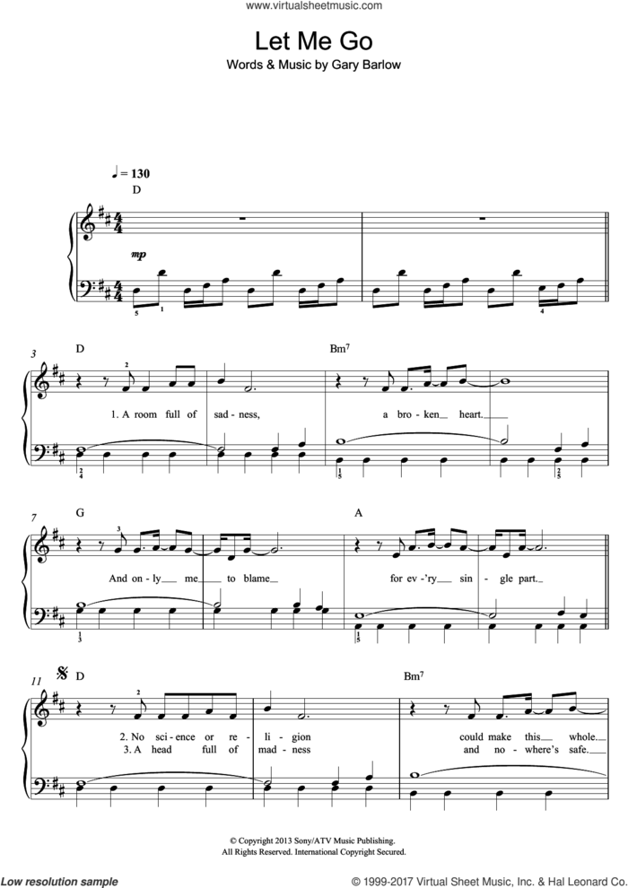 Let Me Go sheet music for piano solo by Gary Barlow, easy skill level