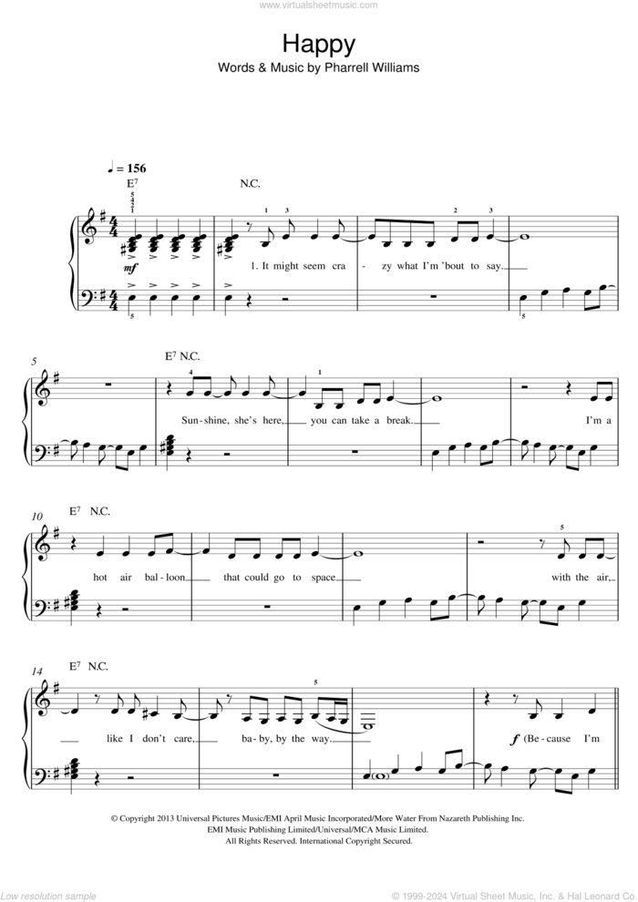 Happy, (easy) sheet music for piano solo by Pharrell Williams, easy skill level