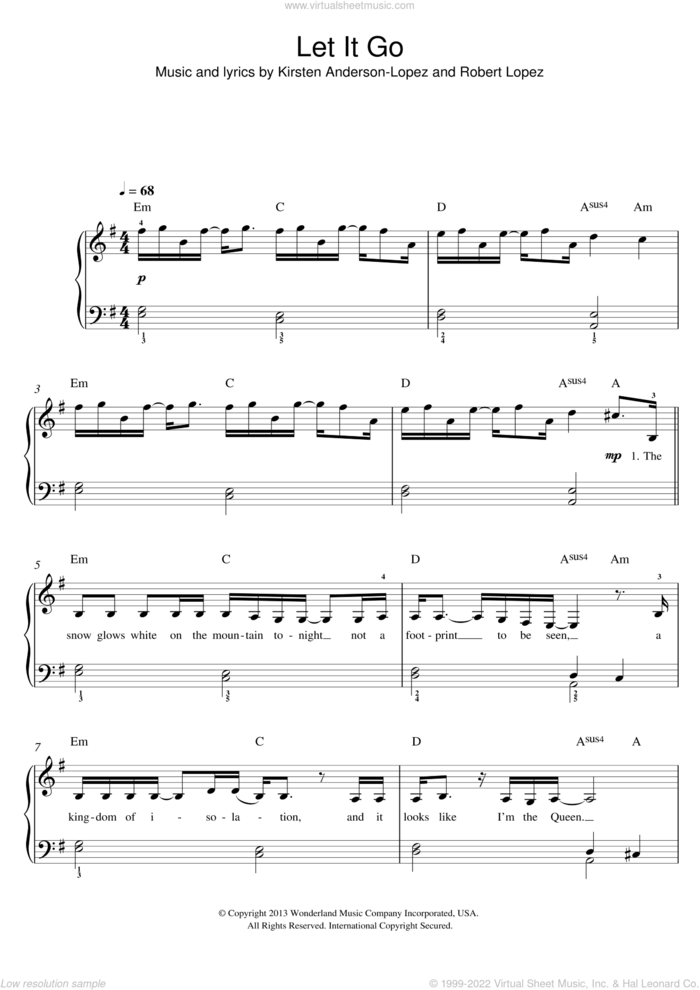 Let It Go (from Frozen), (easy) sheet music for piano solo by Idina Menzel, Kristen Anderson-Lopez and Robert Lopez, easy skill level