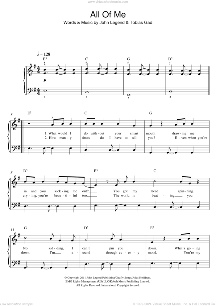 All Of Me, (easy) sheet music for piano solo by John Legend and Toby Gad, wedding score, easy skill level