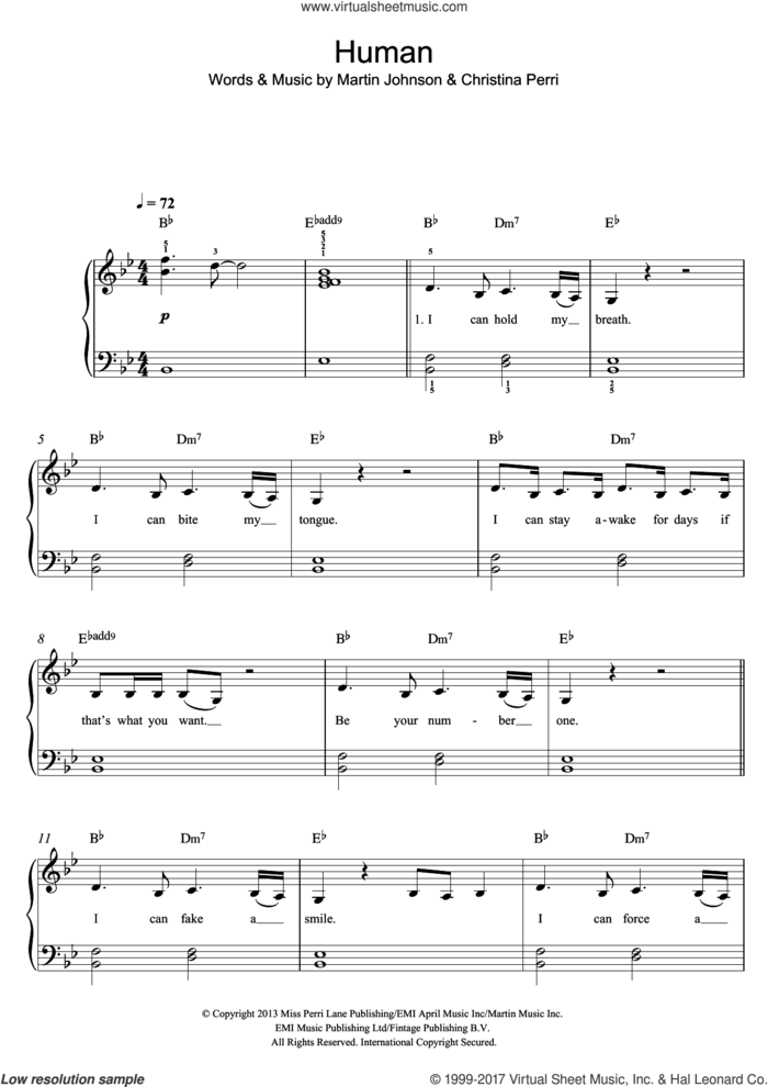 Human sheet music for piano solo by Christina Perri and Martin Johnson, easy skill level