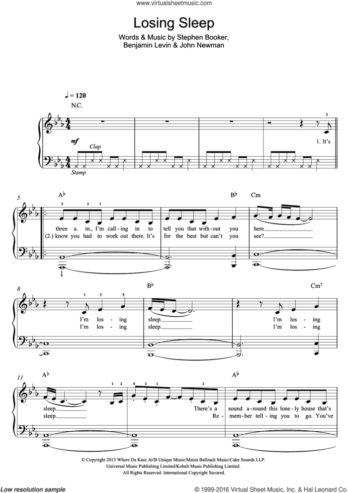 Losing Sleep sheet music for piano solo by John Newman, Benjamin Levin and Steve Booker, easy skill level