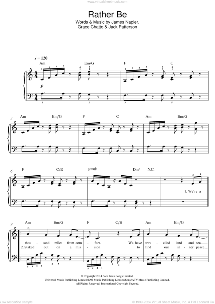 Rather Be sheet music for piano solo by Clean Bandit, Grace Chatto, Jack Patterson and James Napier, easy skill level