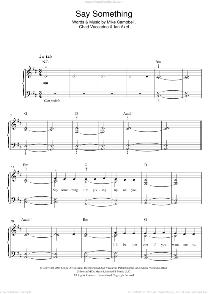 Say Something, (easy) sheet music for piano solo by A Great Big World, Christina Aguilera, Chad Vaccarino, Ian Axel and Mike Campbell, easy skill level
