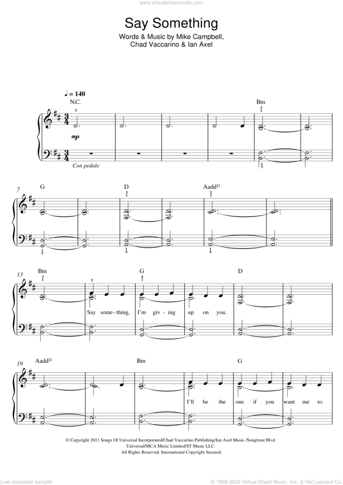 Say Something, (easy) sheet music for piano solo by A Great Big World, Christina Aguilera, Chad Vaccarino, Ian Axel and Mike Campbell, easy skill level