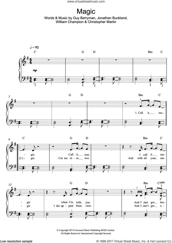 Magic sheet music for piano solo by Coldplay, Christopher Martin, Guy Berryman, Jonathan Buckland and William Champion, easy skill level