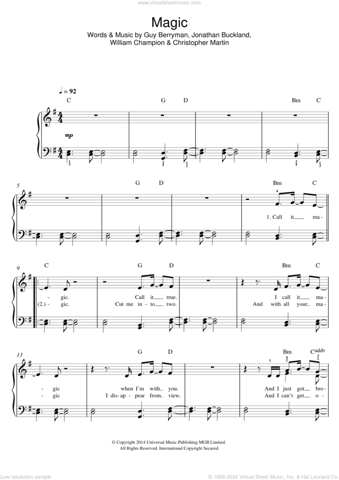 Magic, (easy) sheet music for piano solo by Coldplay, Christopher Martin, Guy Berryman, Jonathan Buckland and William Champion, easy skill level