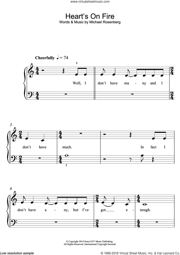 Heart's On Fire sheet music for piano solo by Passenger and Michael Rosenberg, easy skill level