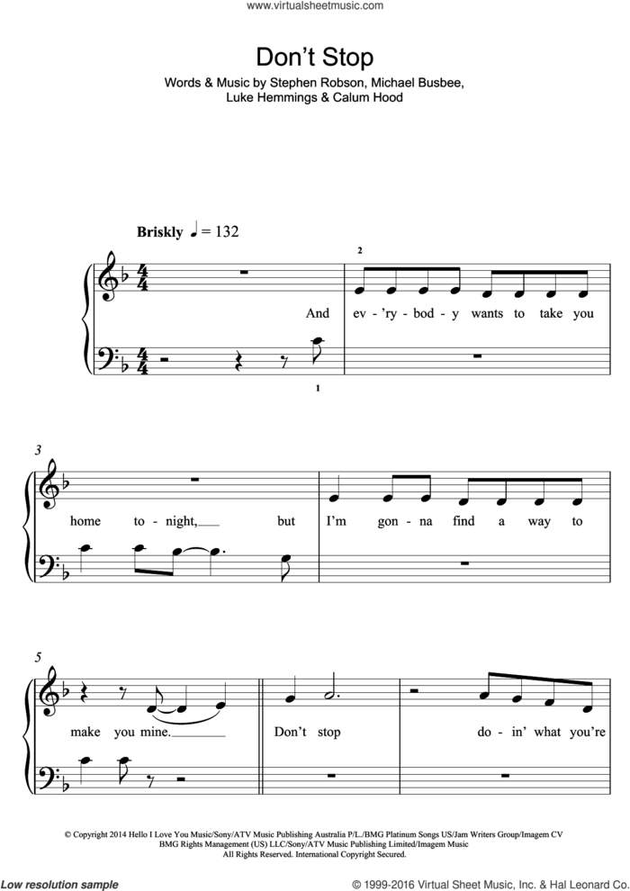Don't Stop sheet music for piano solo by 5 Seconds of Summer, Calum Hood, Luke Hemmings, Michael Busbee and Steve Robson, easy skill level
