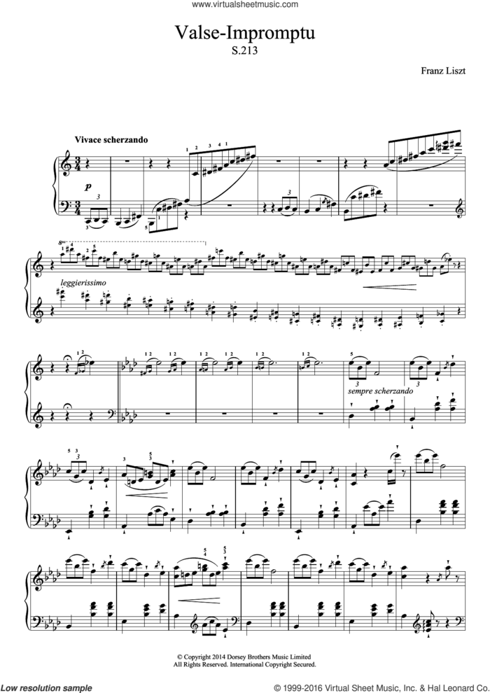 Valse-Impromptu sheet music for piano solo by Franz Liszt, classical score, intermediate skill level