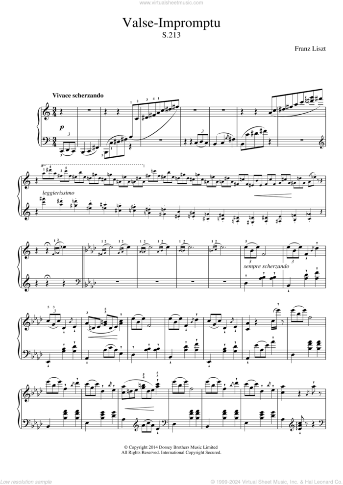 Valse-Impromptu sheet music for piano solo by Franz Liszt, classical score, intermediate skill level