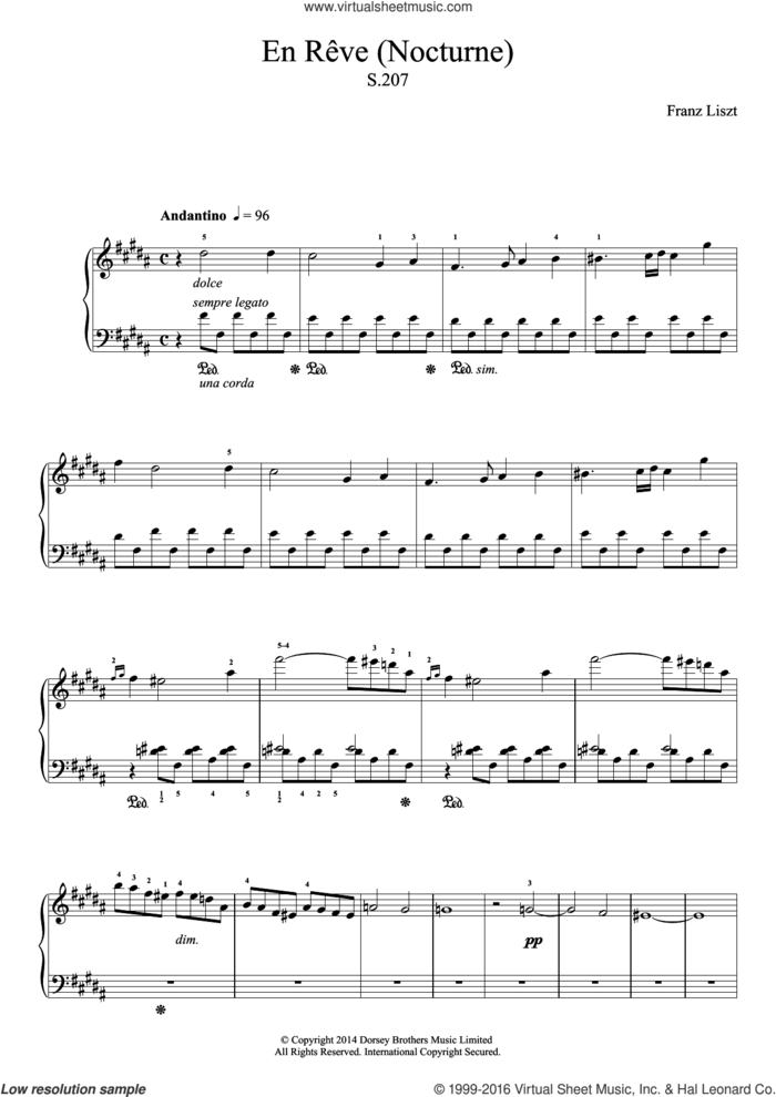 En Reve (Nocturne) sheet music for piano solo by Franz Liszt, classical score, intermediate skill level