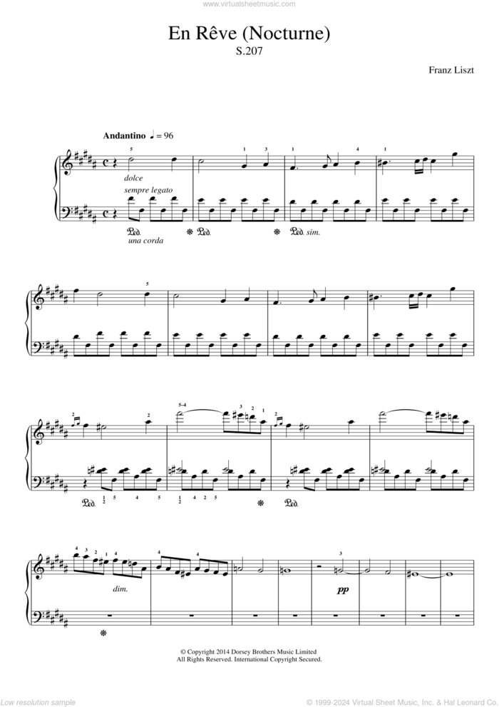 En Reve (Nocturne) sheet music for piano solo by Franz Liszt, classical score, intermediate skill level